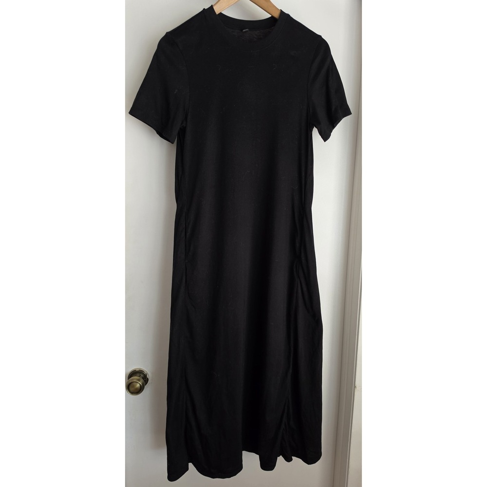 Uniqlo Maxi Dress XS Casual Solid Black Cotton Crew Neck Gown Minimalist